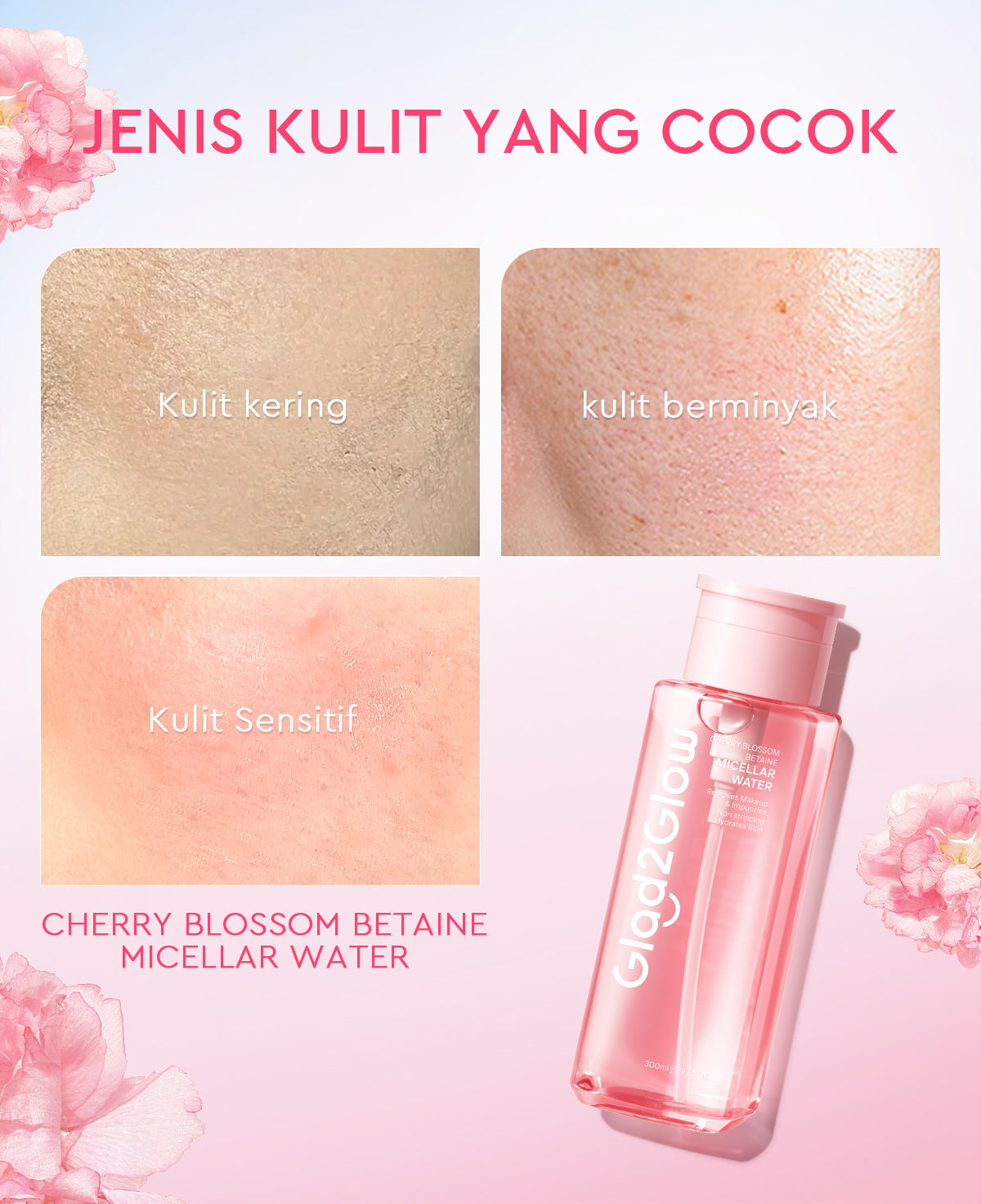 [READY STOCK] Glad2Glow Cherry Blossom Micellar Water 300ml Untuk Semua Kulit Lembut cleansing oil Penghapus Makeup Waterproof Hapus Riasan Tahan Air dengan Centella dan Tanpa Iritasi untuk Kulit Sensitif dan Berjerawat g2glow official store