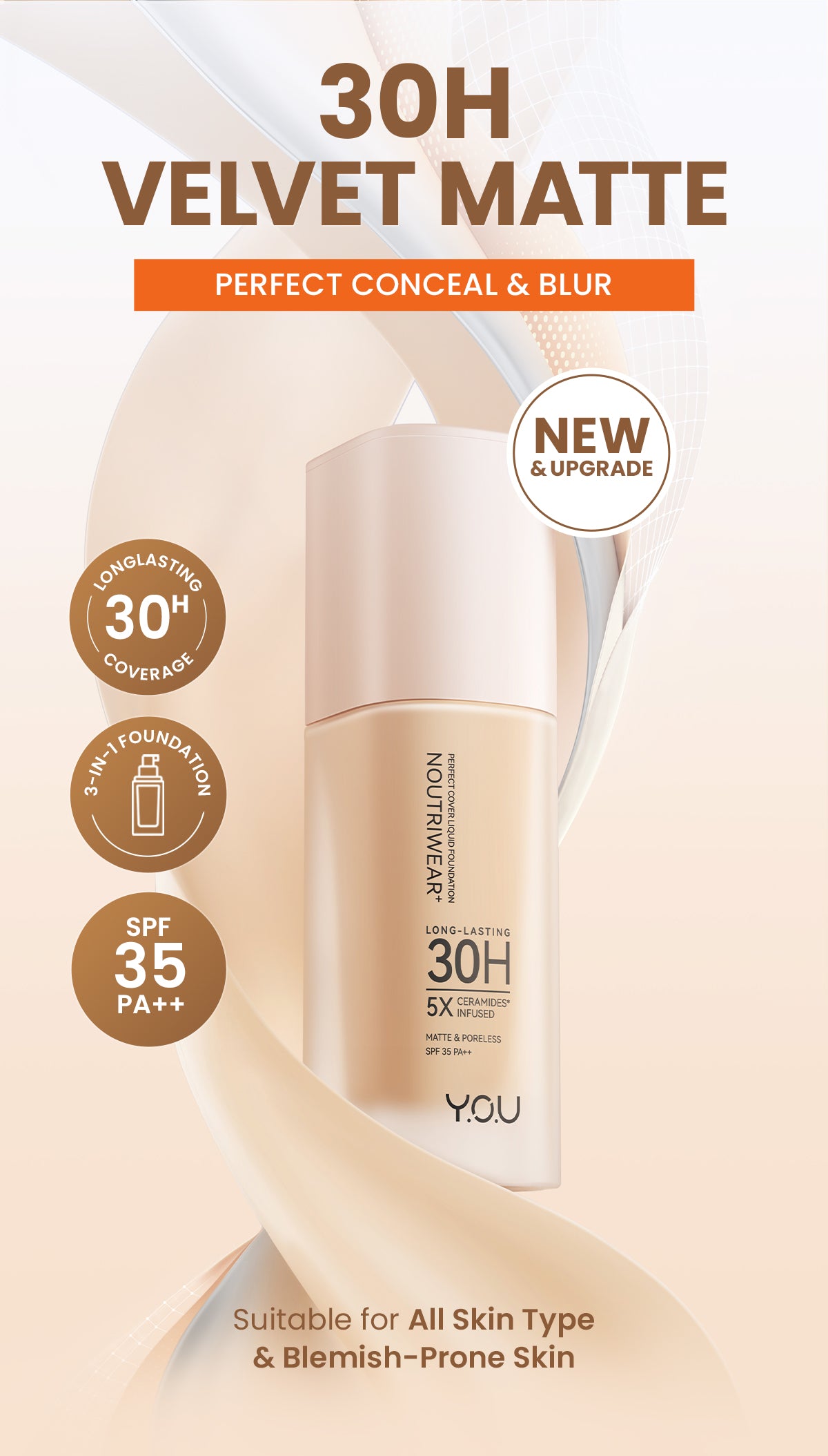 [NEW UPGRADE] YOU NoutriWear+ Perfect Cover Liquid Velvet Liquid Foundation Foundation Dengan Sunscreen High Coverage SPF 35 Velvet Matte Finish
