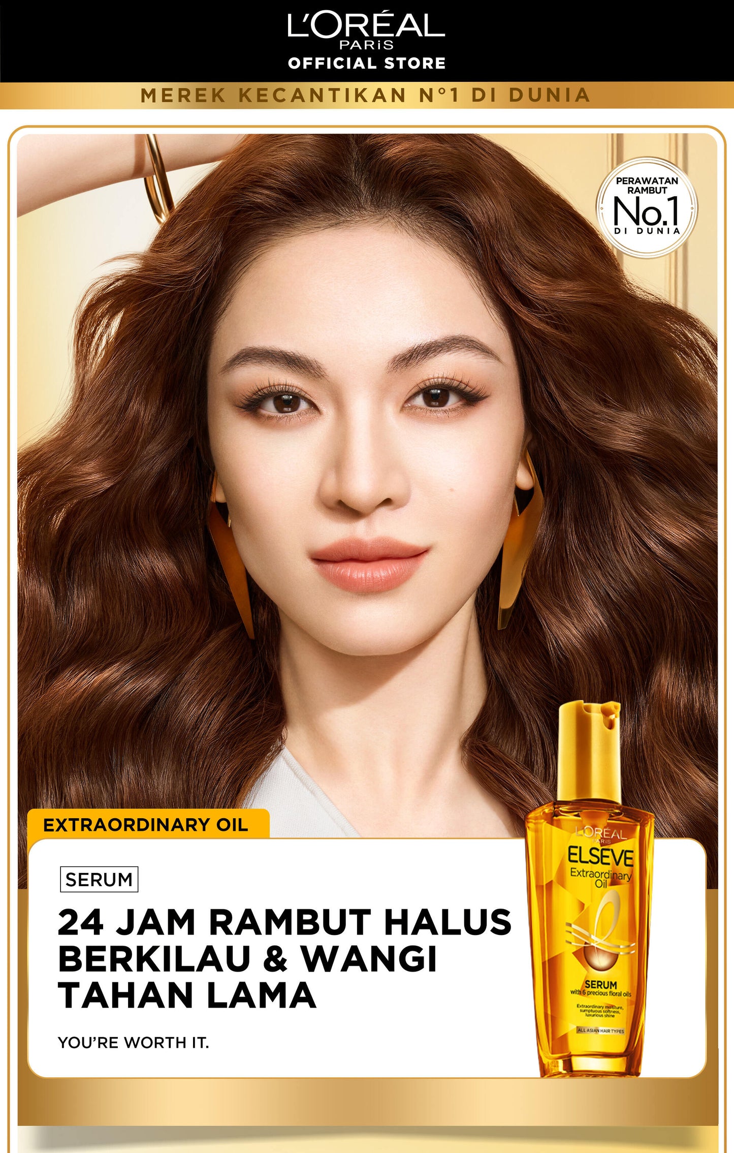 L'Oreal Paris Elseve Extraordinary Oil Gold Hair Treatment Serum 100ml -  Rambut Halus Berkilau dalam Satu Pemakaian - dari Bunga Istimewa Omega 3 - Perawatan Rambut Vitamin Rambut 100ml   Vitamin rambut