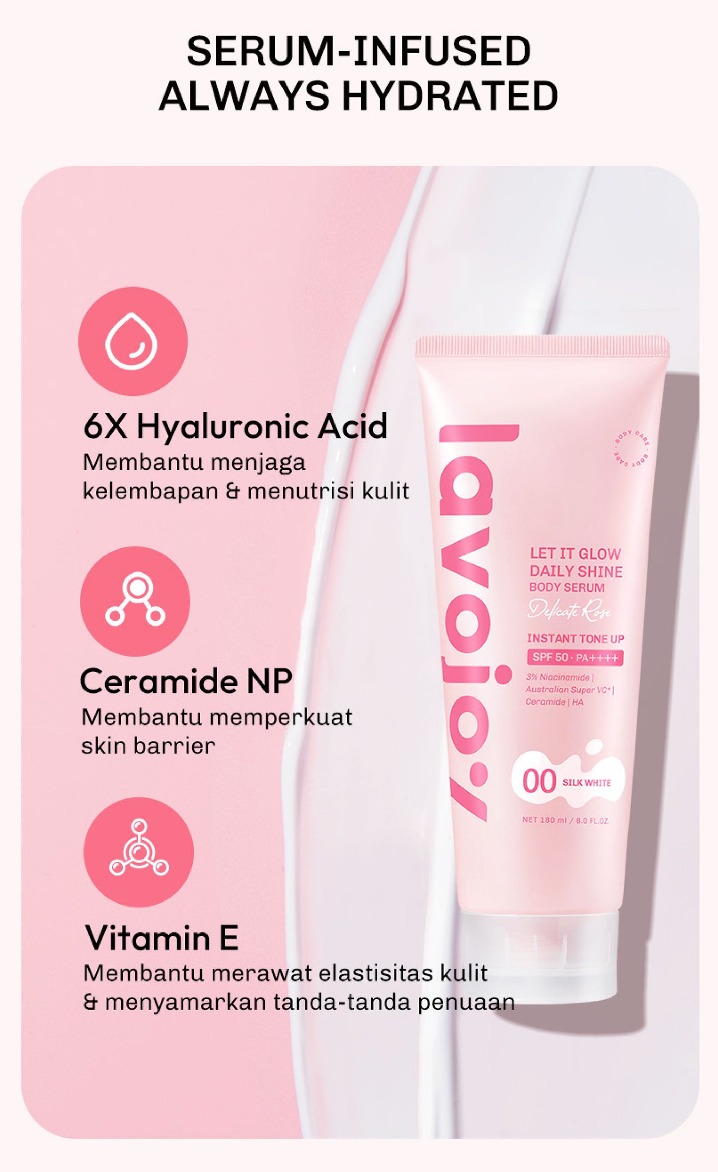 [TONE UP TWINPACK] Lavojoy Let It Glow Daily Shine Body Serum Instant Tone Up Delicate Rose with SPF 50PA++++ | Body Serum untuk Perlindungan Sinar UV | Mencerahkan Seketika & Melembapkan Kulit dengan 3% Niacinamide + Australian Super VC + Ceramide + HA