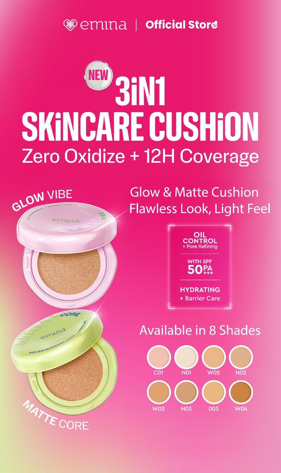 [SPECIAL 11.11] NEW! Emina Glow & Matte 3in1 Skincare Cushion SPF 50 PA++++ 13 G | Flawless Lightweight Make Up Foundation Glowing Skin Transferproof Full High Coverage Bedak Waterproof Sweatproof Dewy Moisturizer Hydrating Barrier Non-Comedogenic BB Crea