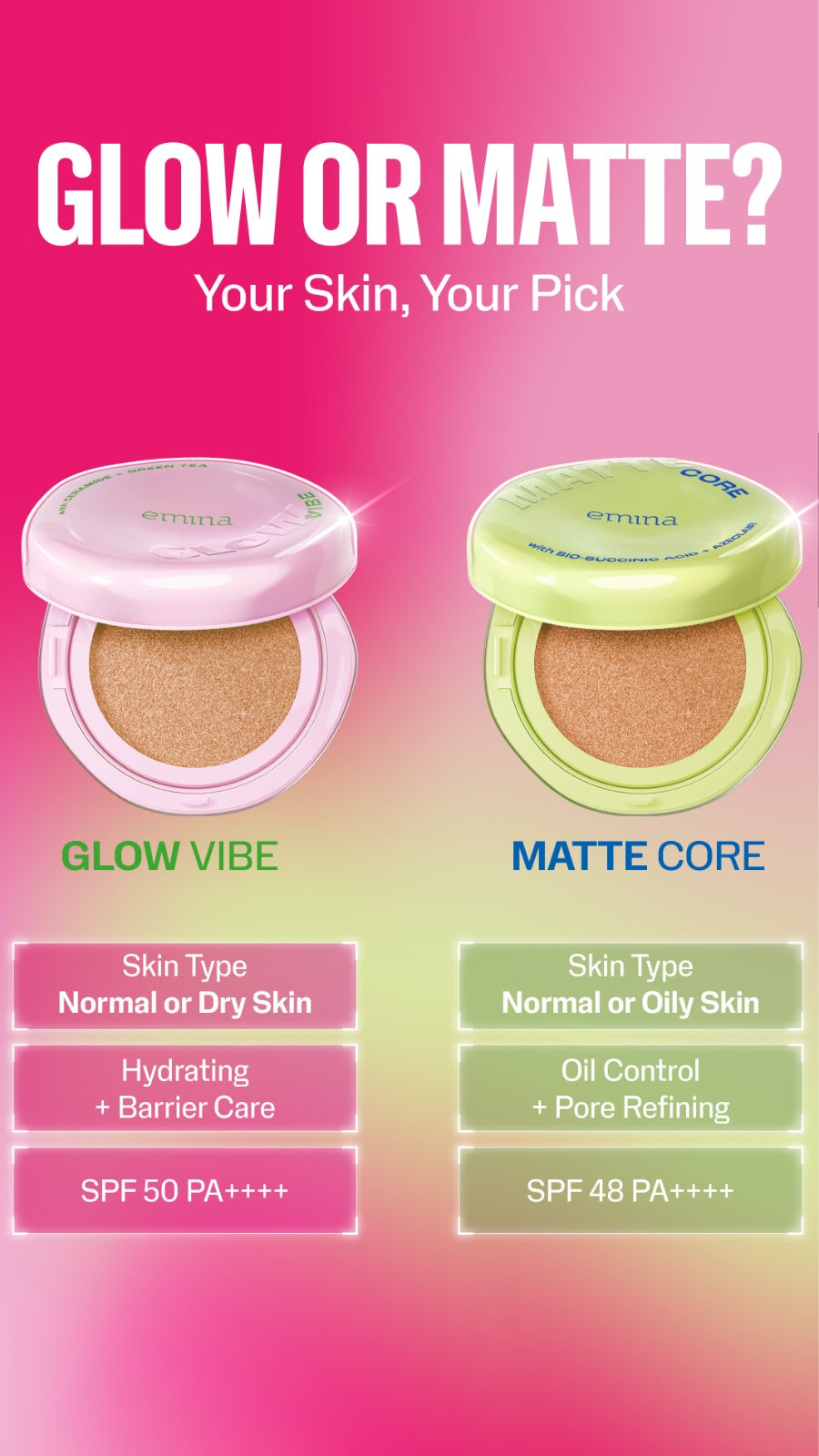 [SPECIAL 11.11] NEW! Emina Glow & Matte 3in1 Skincare Cushion SPF 50 PA++++ 13 G | Flawless Lightweight Make Up Foundation Glowing Skin Transferproof Full High Coverage Bedak Waterproof Sweatproof Dewy Moisturizer Hydrating Barrier Non-Comedogenic BB Crea