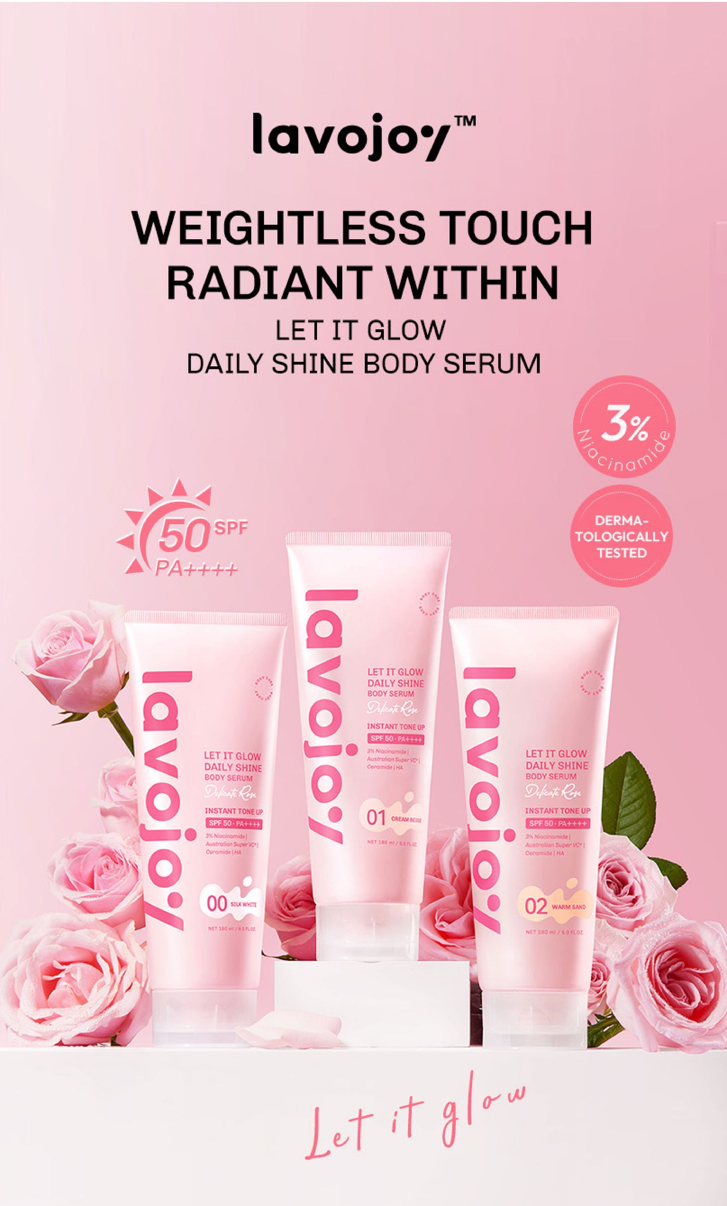 [TONE UP TWINPACK] Lavojoy Let It Glow Daily Shine Body Serum Instant Tone Up Delicate Rose with SPF 50PA++++ | Body Serum untuk Perlindungan Sinar UV | Mencerahkan Seketika & Melembapkan Kulit dengan 3% Niacinamide + Australian Super VC + Ceramide + HA