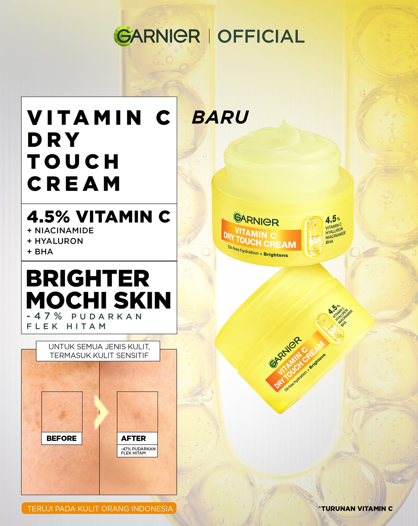 [NEW LAUNCH] GARNIER Mochi Dry Touch Cream Moisturizer Pelembab Wajah Skin Barrier 4.5% Vitamin C / Niacinamide / Salicylic Acid 30ml & 50ml Skincare Set Krim Siang Krim Malam Day Cream Serum Tone Up Mosturizer Mousturizer Cream Pemutih Wajah