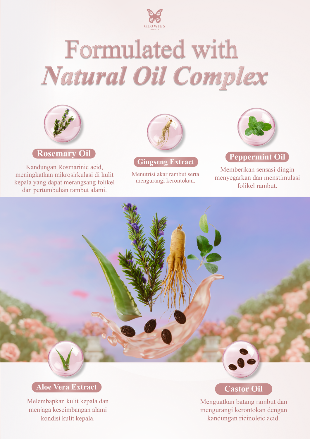 [NEW LAUNCH] Glowies Beauty Rosemary Complex Hair Oil Penumbuh Rambut Alami dengan 92% Natural Ingredients atasi Rambut Rontok & Rapuh dilengkapi dengan Rosemary, Ginseng, Castor & Aloe Vera Tanpa Pewangi & Aman untuk Kulit Kepala Sensitif