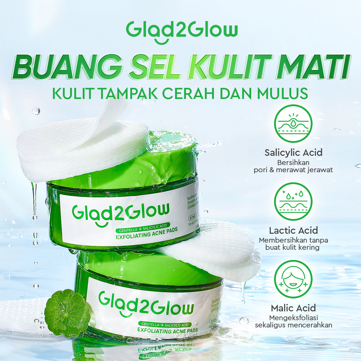 Glad2Glow Centella Salicylic Acid Exfoliating Acne Toner Pads Gentle Eksfoliasi Kulit Jerawat Kulit Sensitif (30 pads) Centella Pads Lactic Acid Malic AHA BHA Peeling Serum Acne Spot Serum Cica Acne Clear Pad Treatment Jerawat exfoliasi wajah obat jerawat