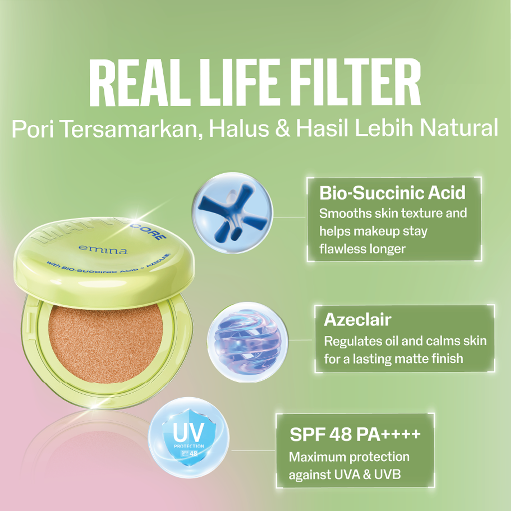 [SPECIAL 11.11] NEW! Emina Glow & Matte 3in1 Skincare Cushion SPF 50 PA++++ 13 G | Flawless Lightweight Make Up Foundation Glowing Skin Transferproof Full High Coverage Bedak Waterproof Sweatproof Dewy Moisturizer Hydrating Barrier Non-Comedogenic BB Crea