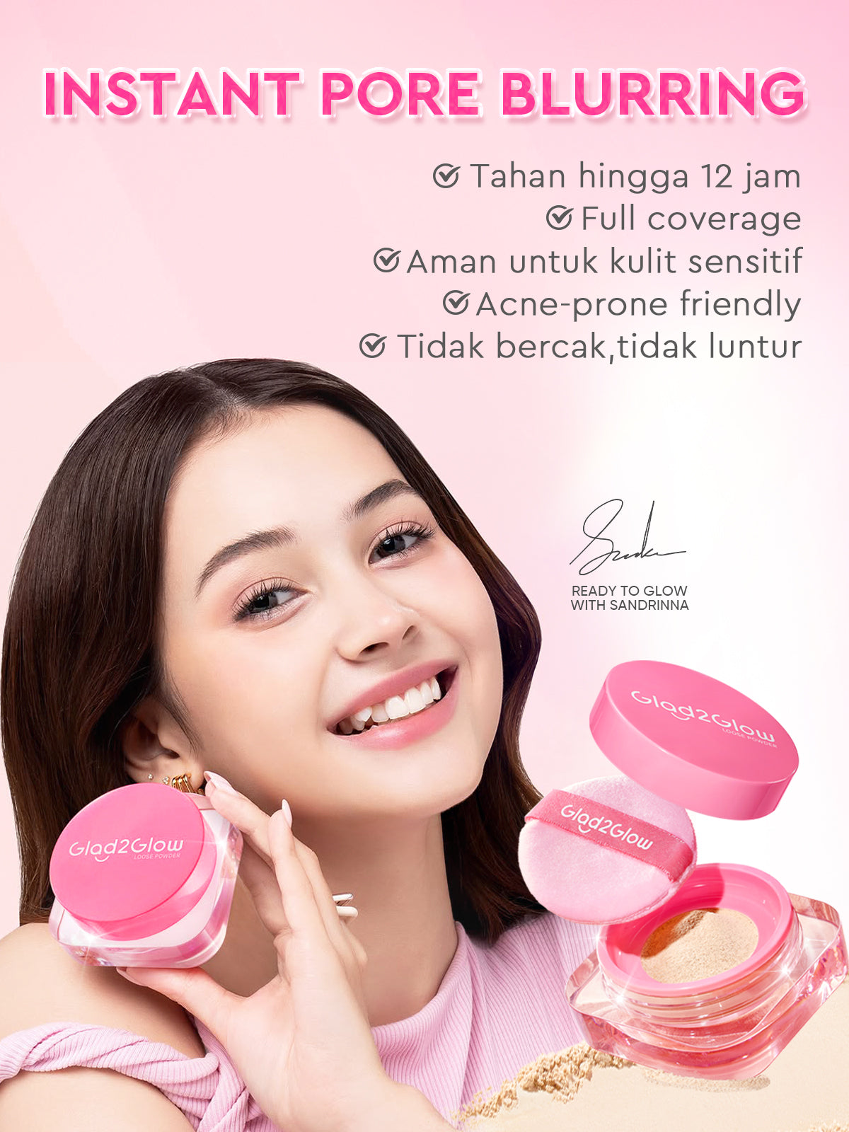 Glad2Glow 2lN1 VELVET MAKEUP SET-LOOSE POWDER+CUSHION Coverage Tinggi Second Skin Flawless Semi Matte Transferproof Tahan Lama instan Blurring Minyak Extract Air Blurry Technology