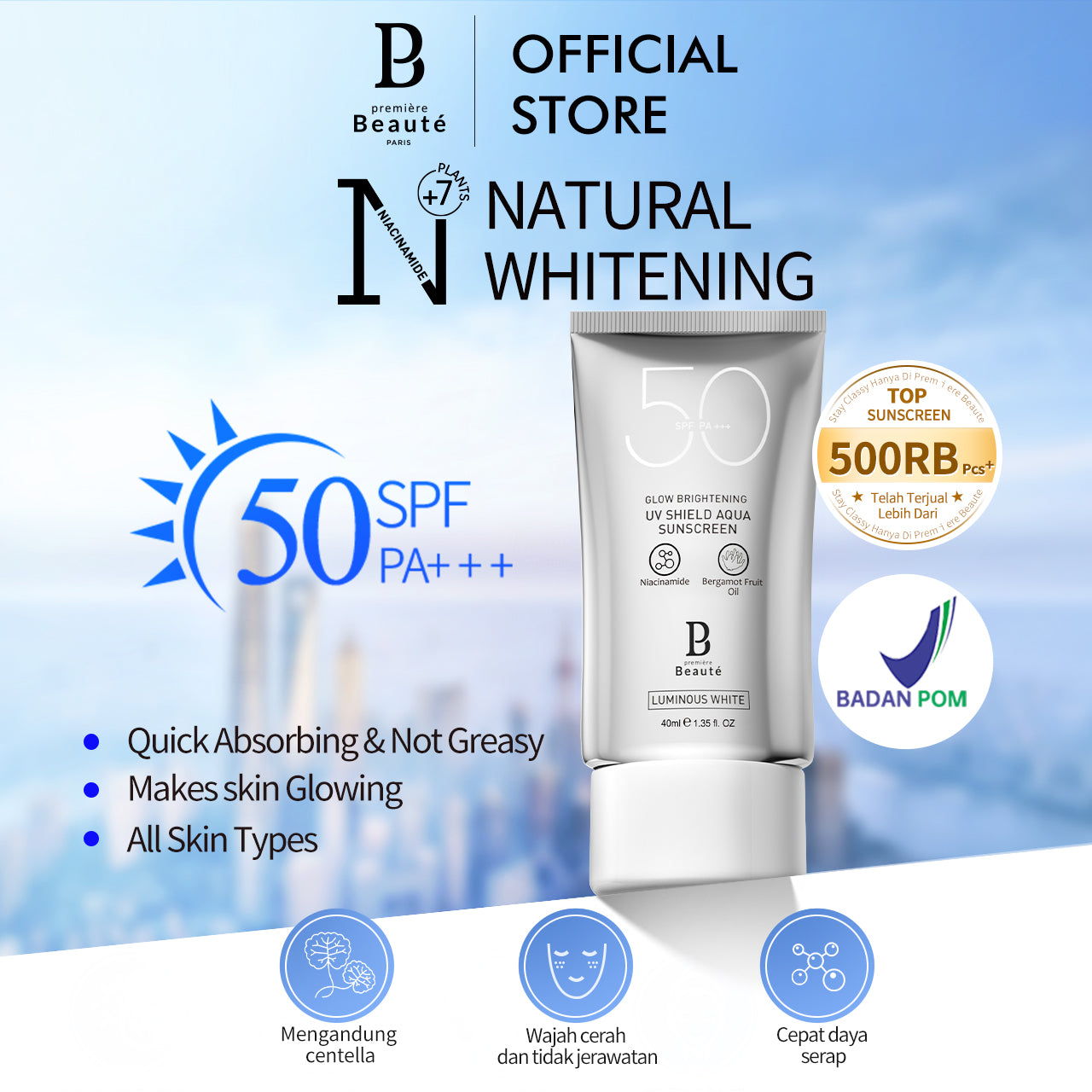 PREMIERE BEAUTE Sunscreen SPF 50 PA+++ 40ml wajah UV Shield Sun protect sun block Suncreen whitening Oil Control Hydrating & Revitalizing Oily skin