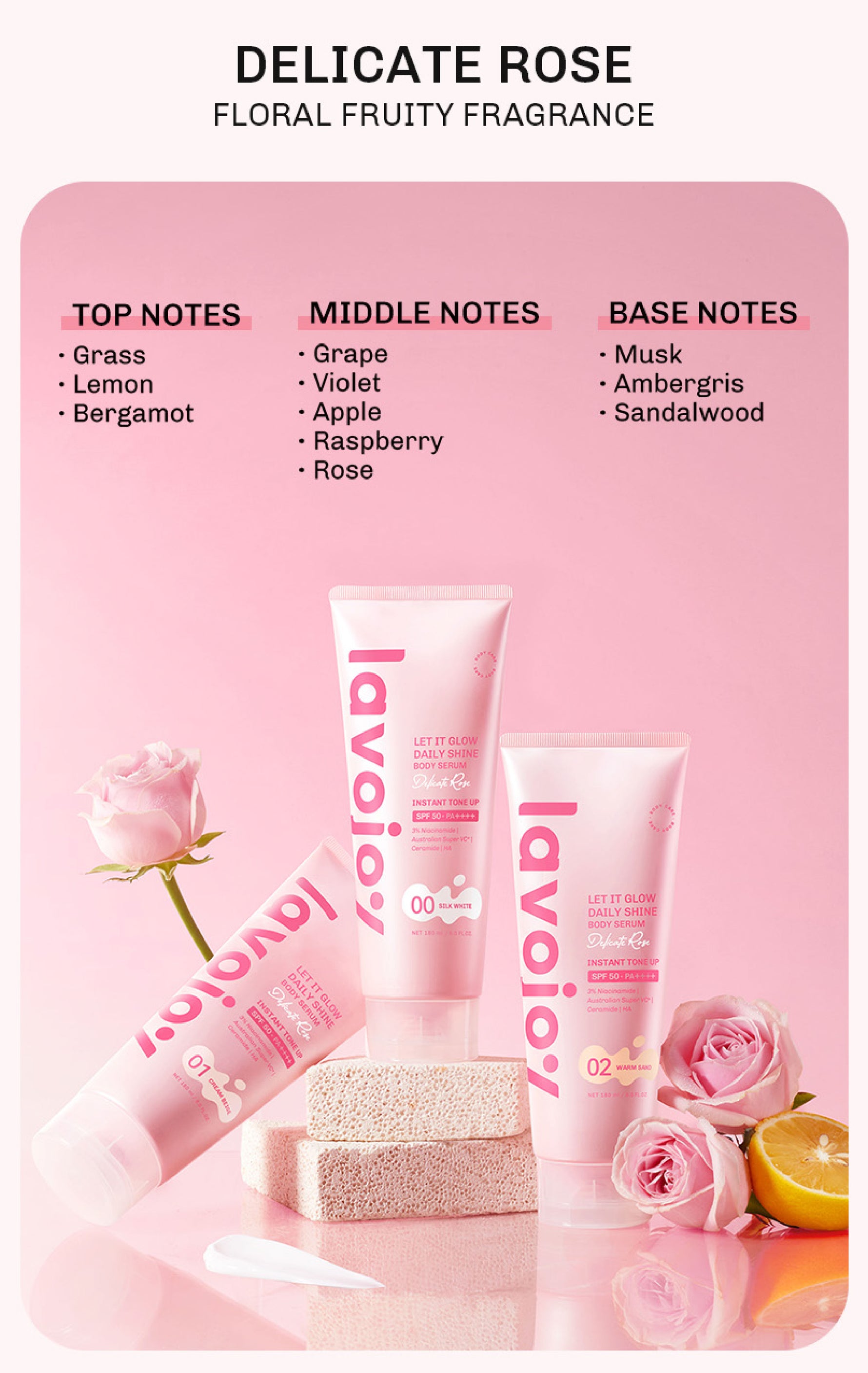[TONE UP SHADE 01] Lavojoy Let It Glow Daily Shine Body Serum Instant Tone Up Delicate Rose with SPF 50 PA++++|Shade 01 Cream Beige|Body Serum untuk Perlindungan Sinar UV|Mencerahkan Seketika & Melembapkan Kulit dengan 3% Niacinamide + Australian Super VC