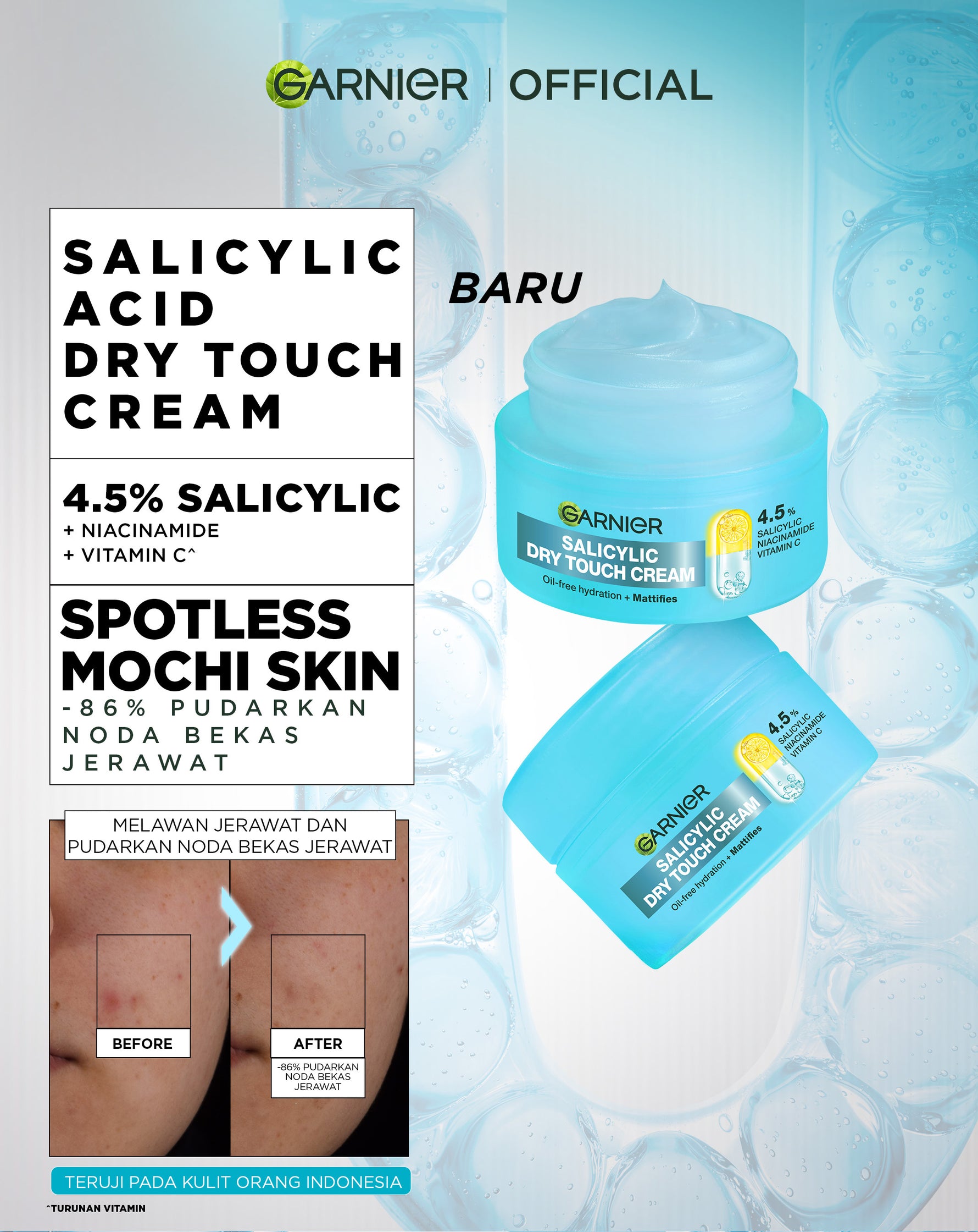 [NEW LAUNCH] GARNIER Mochi Dry Touch Cream Moisturizer Pelembab Wajah Skin Barrier 4.5% Vitamin C / Niacinamide / Salicylic Acid 30ml & 50ml Skincare Set Krim Siang Krim Malam Day Cream Serum Tone Up Mosturizer Mousturizer Cream Pemutih Wajah