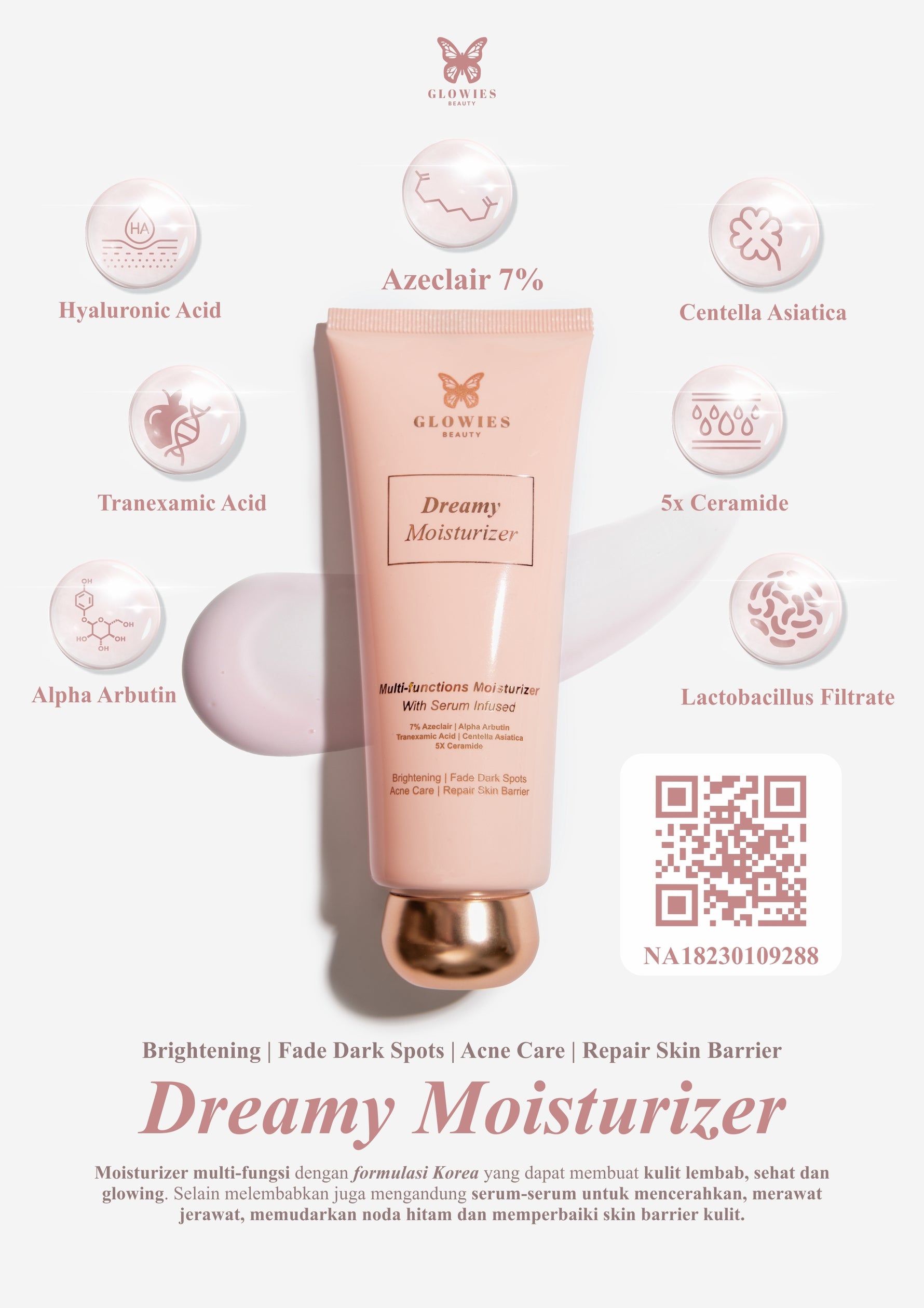 [Dr. Incognito Approved] Glowies Dreamy Moisturizer 80ml Formulasi Korea 7% Azeclair 6% Niacinimide Alpha Arbutin 5x Ceramide Pelembab wajah Busui Friendly membantu Mencerahkan Meratakan Menghilangkan jerawat PIE PIH Memperbaiki Skin Barrier