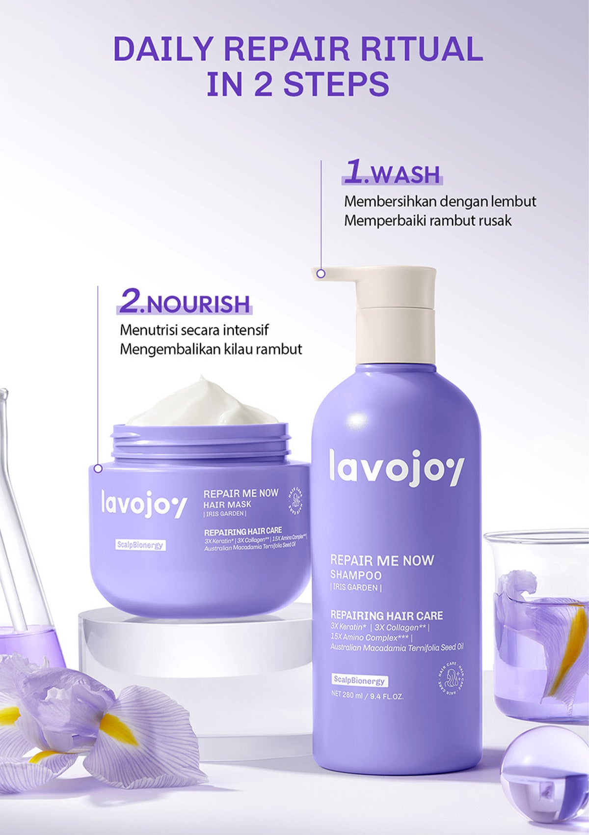 [NEW LAUNCH] Lavojoy Repair Me Now Shampoo Iris Garden 280ml  | Perbaikan Rambut Rusak Intens Dengan 3× Keratin + Ceramide Boost + ScalpBioEnergy Hydration Care | 3x Lebih Lembut, Lalus, Tanpa Mengiritasi