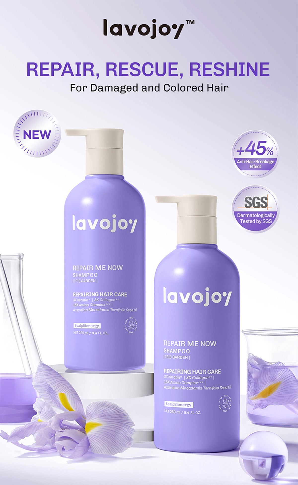 [NEW LAUNCH] Lavojoy Repair Me Now Shampoo Iris Garden 280ml  | Perbaikan Rambut Rusak Intens Dengan 3× Keratin + Ceramide Boost + ScalpBioEnergy Hydration Care | 3x Lebih Lembut, Lalus, Tanpa Mengiritasi