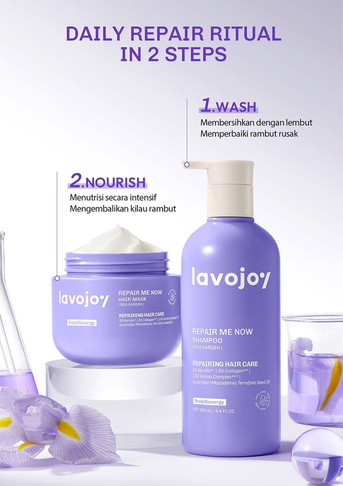 [FOR DAMAGED & COLORED HAIR] Lavojoy Repair Me Now 2in1 Bundle Shampoo 280ml + Hair Mask 250ml | Paket Perawatan Rambut Halus & Berkilau Tanpa Lepek