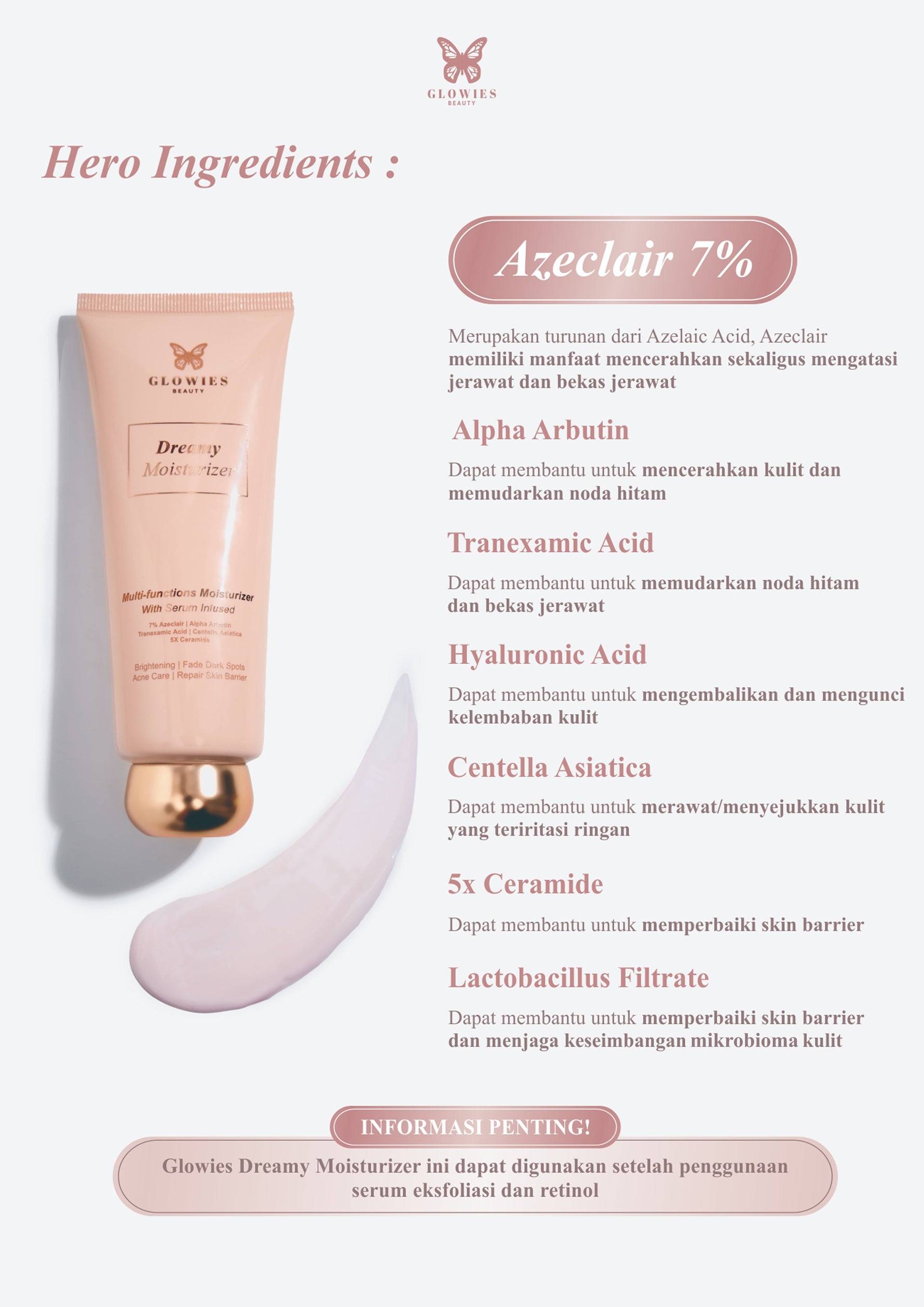Glowies Beauty Dreamy Moisturizer 80ml Formulasi Korea 7% Azeclair 6% Niacinimide Alpha Arbutin 5x Ceramide Pelembab wajah Busui Friendly membantu Mencerahkan & Meratakan Warna Kulit jerawat PIE PIH Memperbaiki Skin Barrier