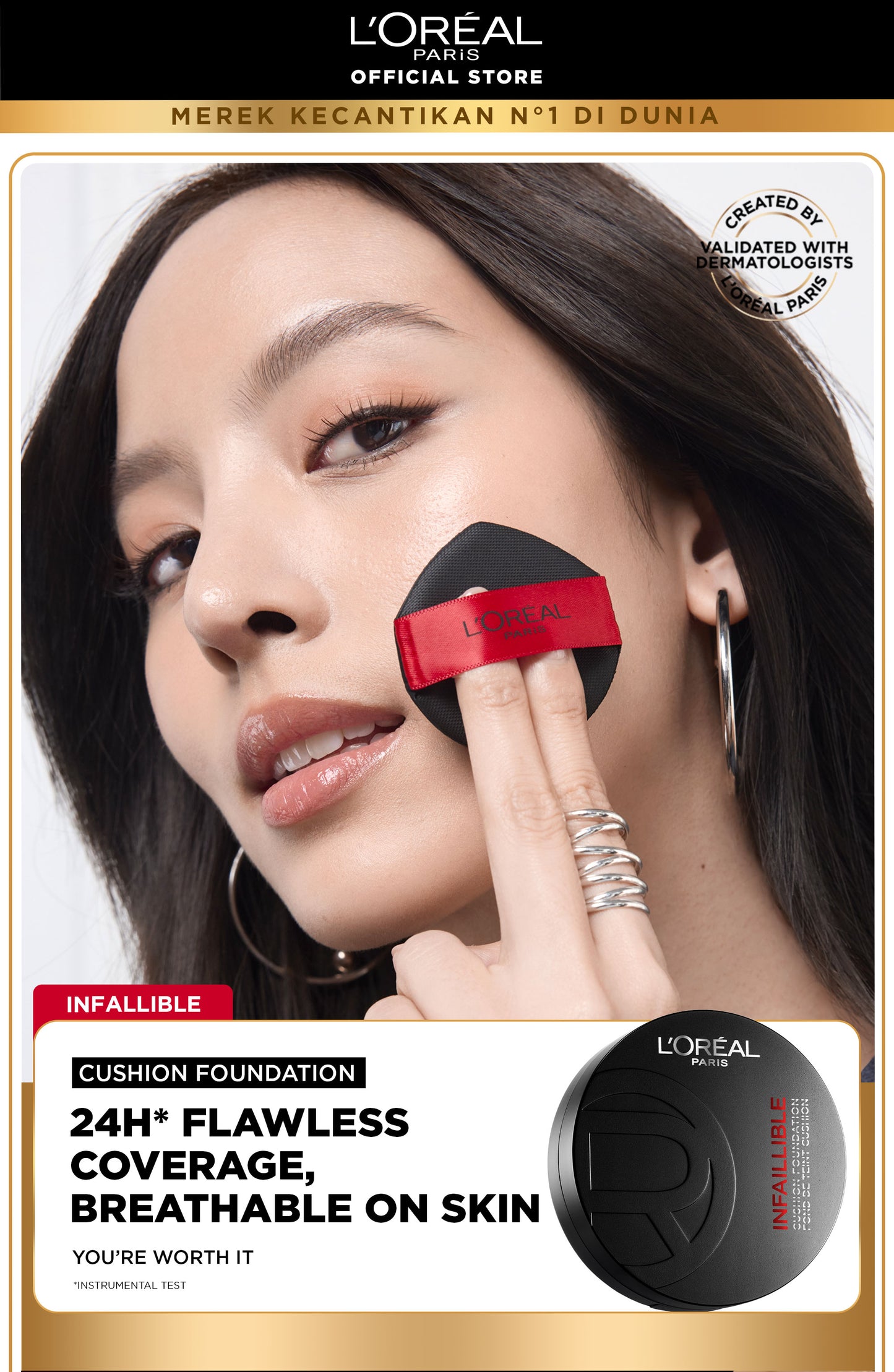 [BARU!] L'Oreal Paris Infaillible Cushion Foundation 24H - flawless coverage,  Cushion dengan hasil yang nyaman tersedia dalam 10 shades cocok untuk kulit indonesia.