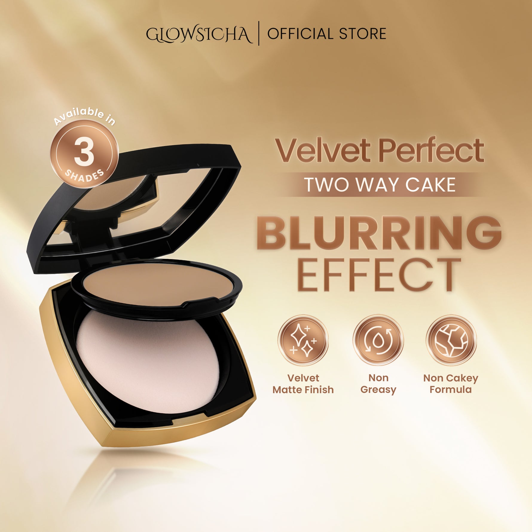 Glowsicha - Velvet Perfect Two Way Cake - Bedak Padat Mencerahkan Menyamarkan Noda Tahan Lama Ringan Glowing Matte Finish Anti Minyak Halus Lembut Cerah Merata Bedak Kulit Berminyak Makeup Harian Compact Powder Foundation