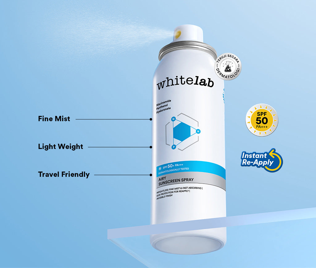 Whitelab Sunscreen Spray SPF 50 PA+++- Ultralight - Sunblock Ringan Anti Komedo Jerawat Pelindung Sinar Matahari UV A UV B Blue Light dengan Niacinamide, Tidak Lengket, Whitecast & Pilling [BPOM]