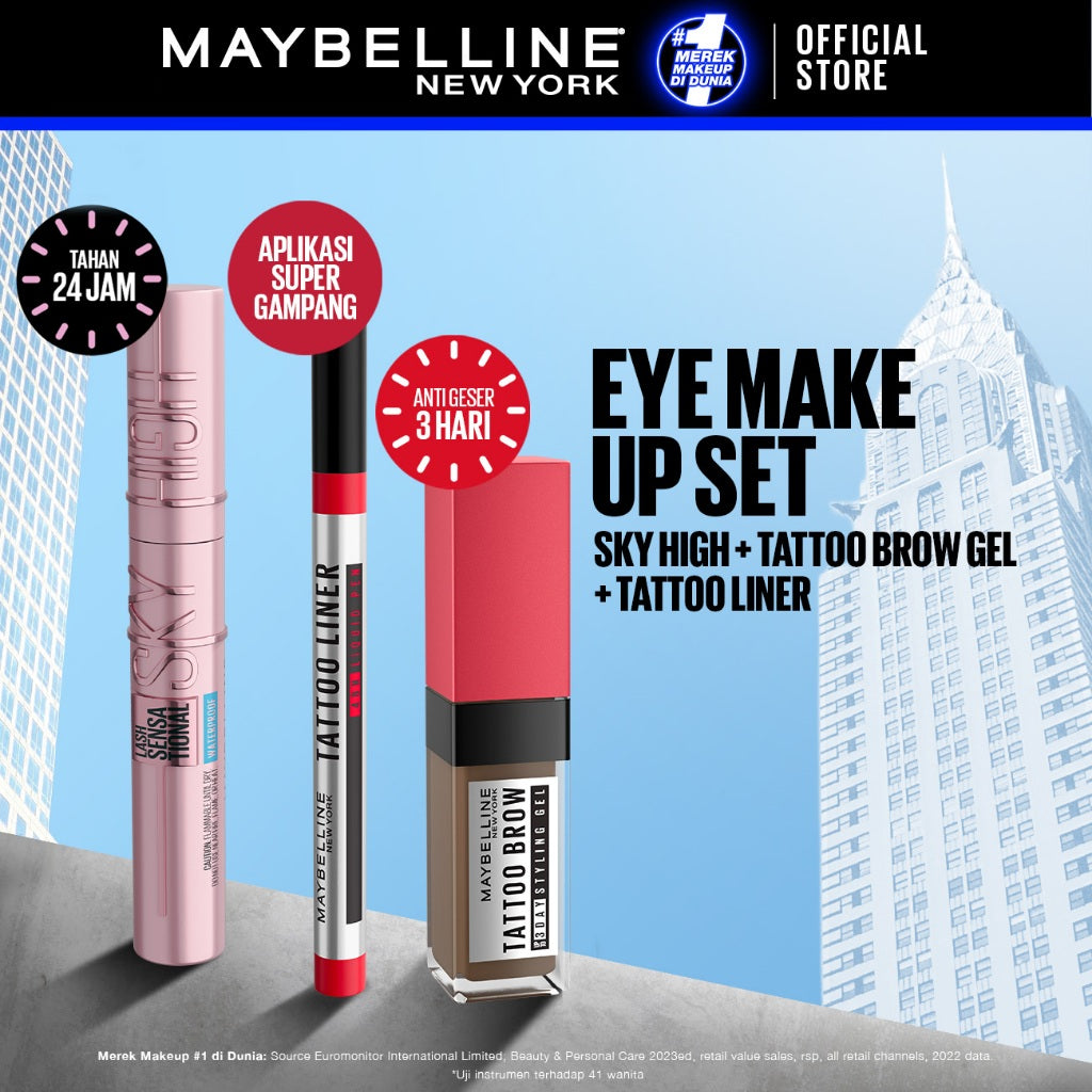 MAYBELLINE Paket Makeup Eye lengkap 3 pcs - Sky High Mascara + Tattoo 48h Eyeliner + Tattoo Brow Gel | Waterproof Maskara Eye Makeup Black Smudgeproof Panjang Tebal