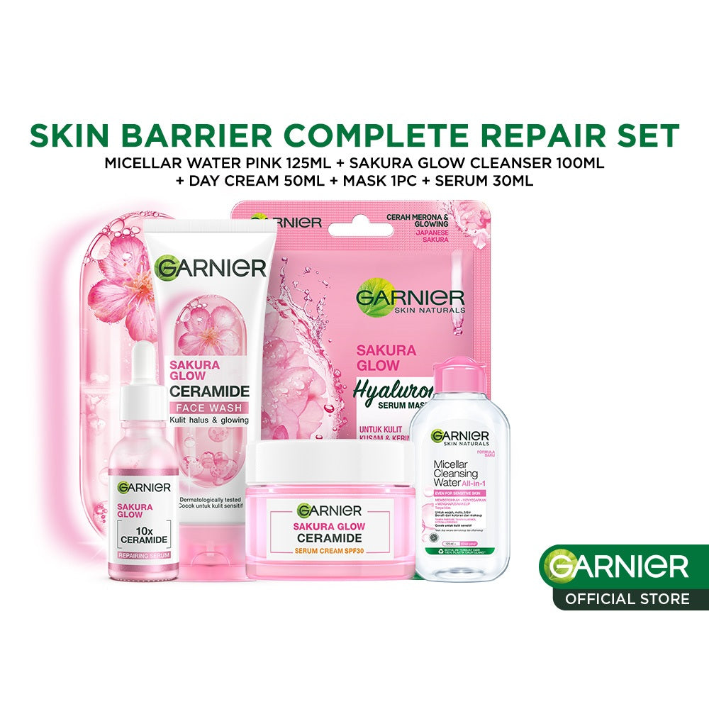 GARNIER Paket Skincare 1 Set Lengkap Sakura Glow Ceramide Skin Barrier Complete Set Hydrating | Serum Hydration Day Cream Micellar Water Facial Wash Masker Wajah