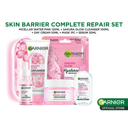 GARNIER Paket Skincare 1 Set Lengkap Sakura Glow Ceramide Skin Barrier Complete Set Hydrating | Serum Hydration Day Cream Micellar Water Facial Wash Masker Wajah