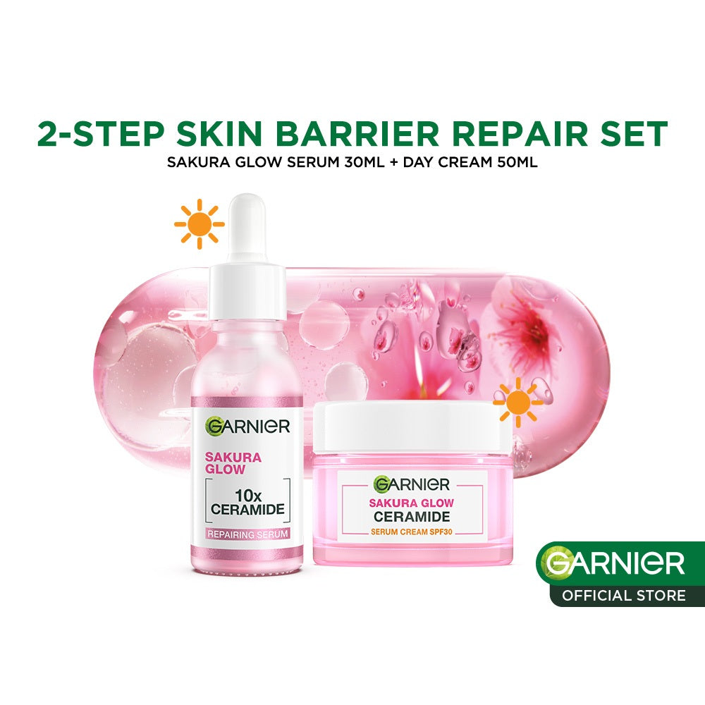 GARNIER Sakura Glow Ceramide Skin Barrier Repair Set Serum 30ml + Day Cream | Pelembab Ringan mencerahkan tone up pelembab wajah cream pemutih wajah glowing cepat