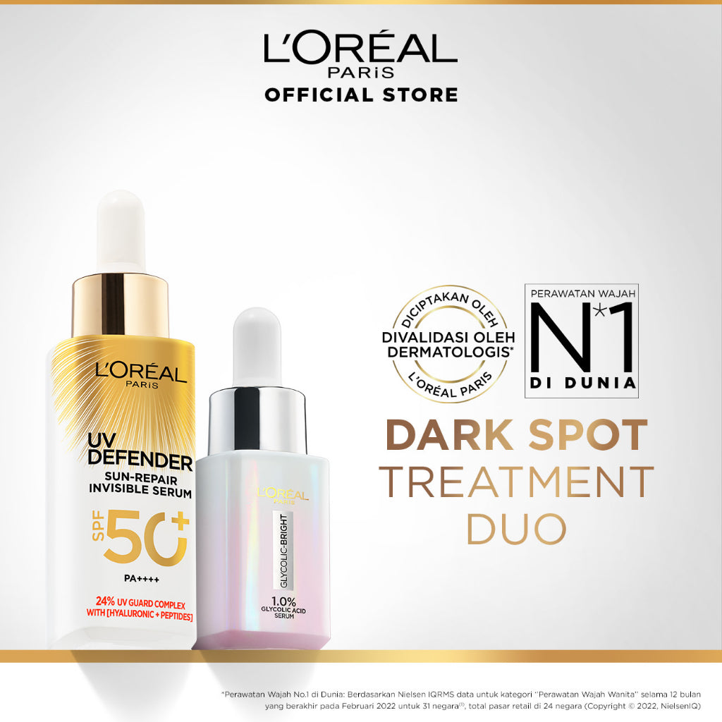 L'Oreal Paris Dark Spot Treatment Duo Skincare Kit (UV Defender Sun-Repair Invisible Serum Sunscreen 2-in-1 SPF 50+ PA++++ 30ml + Glycolic-Bright 1.0% Glycolic Acid Serum 15ml)