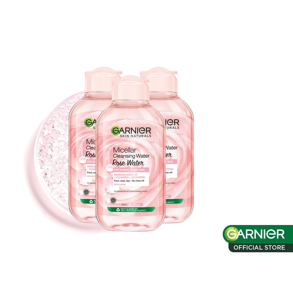 (PAKET HEMAT ISI 3) Garnier Micellar Cleansing Rose Water Skin Care - 125ml (Pembersih Wajah & Make up Mengandung Air Mawar Untuk Kulit Bersih dan Bercahaya)