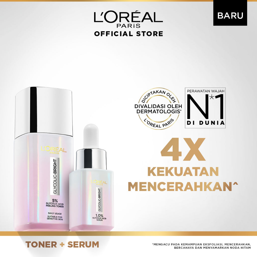 L'Oreal Paris Glycolic Bright Glowing - Toner 65ml & Serum 15ml - Kulit Cerah, Glowing & Noda Hitam Tersamarkan   Kulit Kusam, Noda Hitam, Bekas Jerawat, Eksfoliasi  Brightening
