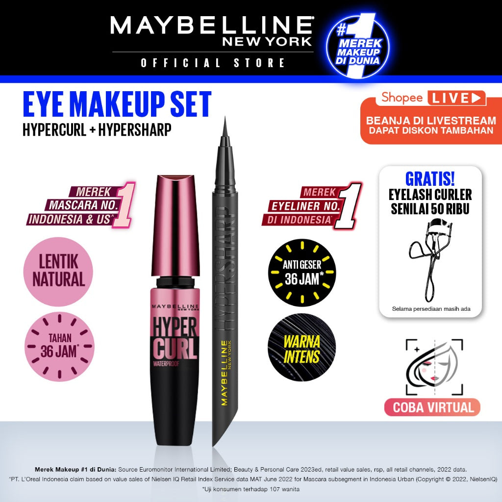 Maybelline Paket Makeup EYE Hypercurl Mascara + Hypersharp Eyeliner - Waterproof Maskara Eye Makeup Black Smudgeproof Panjang Tebal