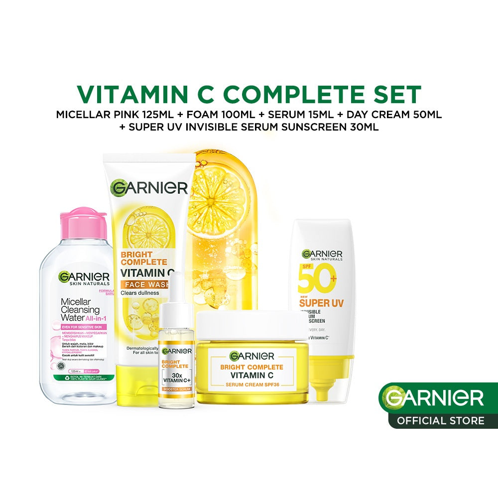 (PAKET HEMAT 5PCS) Bright Complete Vitamin C Day Complete Set - Micellar Pink 125ml, Foam Cleanser 100ml, Day Serum 15ml, Day Cream 50ml & Invisible Serum Sunscreen SPF 50+ PA++++ 30ml