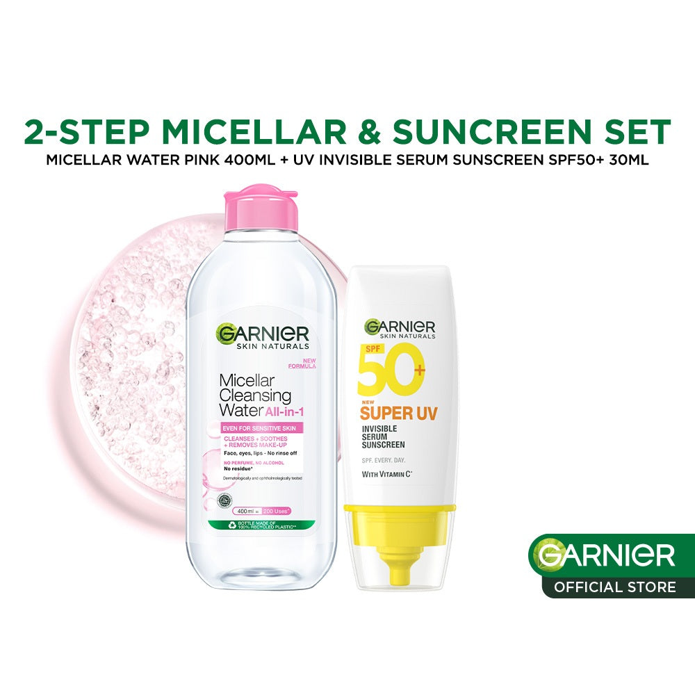 Paket Garnier 2-Step Micellar & Sunscreen Kit - Micellar Water Pink 400ml + Super UV Invisible Serum Sunscreen SPF 50+ PA++++ 30ml