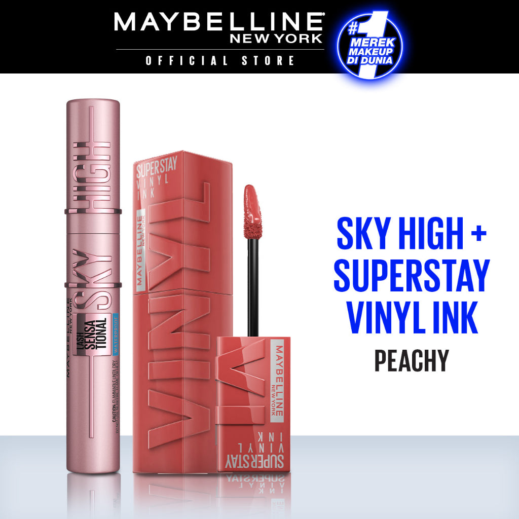 Maybelline Paket Makeup Sky High Mascara + Superstay Vinyl Ink Peachy | Bundle hemat lipstik maskara Lipstick transferproof Tahan Lama