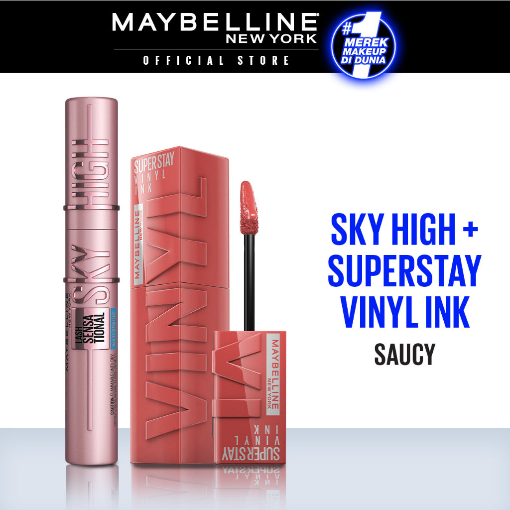 Maybelline Paket Makeup Sky High Mascara + Superstay Vinyl Ink Saucy | Bundle hemat lipstik maskara Lipstick transferproof Tahan Lama