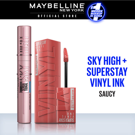 Maybelline Paket Makeup Sky High Mascara + Superstay Vinyl Ink Saucy | Bundle hemat lipstik maskara Lipstick transferproof Tahan Lama