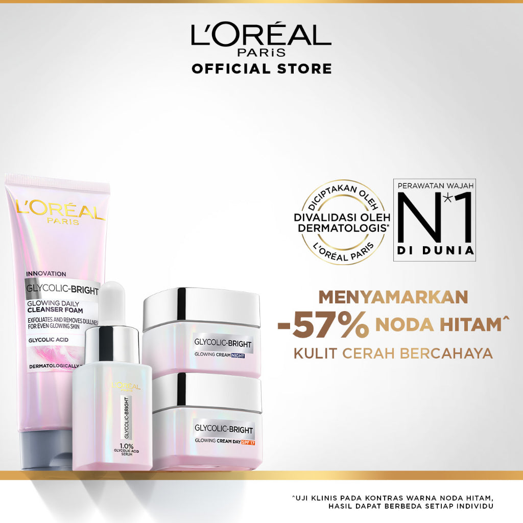 L’Oreal Paris Glycolic Bright Glowing 4 Pcs Skincare Kit Untuk Mencerahkan: Serum, Moisturizer, Facial Wash AHA Glycolic Acid Peeling Brightening Loreal