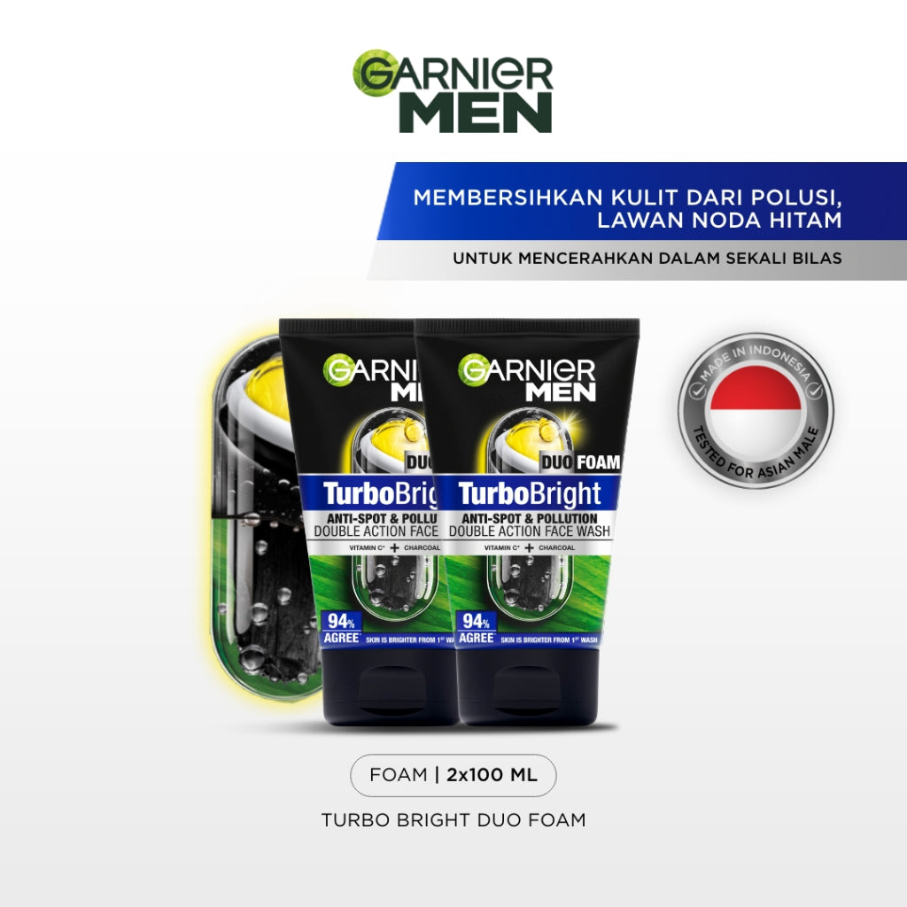 [PAKET HEMAT ISI 2] GARNIER Men Facial Wash Turbo Bright Super Duo Foam Skincare 100ml Sabun Cuci Muka Pria Face Wash Pembersih Wajah Sabun Muka Glowing dan Memutihkan