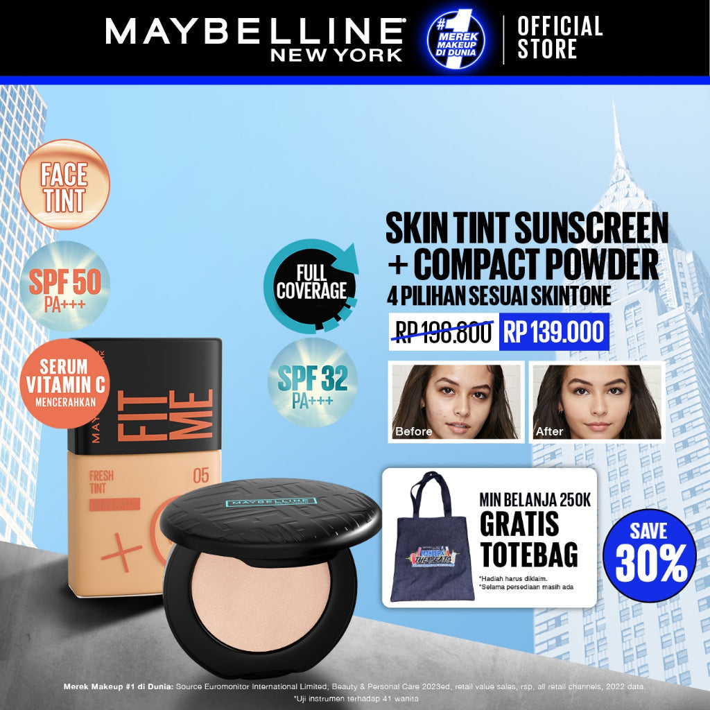 MAYBELLINE OFFICIAL Skin Tint Makeup Kit - FIT ME Fresh Tint 02 + Powder 112 | Skin Tint Foundation SPF 50 PA+++ Vitamin C Serum Face Makeup Natural