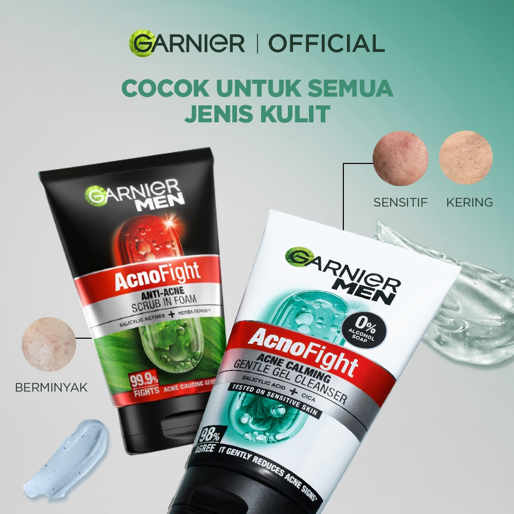 BARU Garnier Men Facial Wash Acno Fight Acne Calming Gentle Low PH Gel Cleanser 100ml Sabun Cuci Muka Pria Moisturizer Sunscreen Face Wash Facial Wash