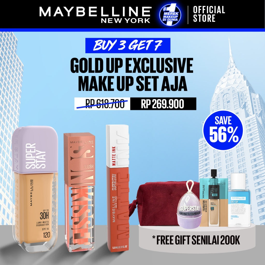 MAYBELLINE OFFICIAL Ramadan Gold Up Makeup Set : Superstay Lumi Matte FDT 120 + Sunkisser Liquid Blush Highlighter 11 + Superstay Matte Ink 245 SEEKER | Paket Makeup Full Coverage Ringan Foundation Cushion Powder Blush Liquid Blush Lipstick Matte