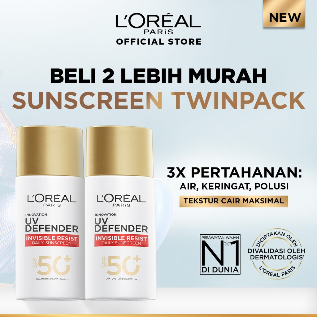 L'Oreal Paris UV Defender Invisible Resist Sunscreen SPF50+ PA++++ x2Pcs-Sunblock Loreal 50mlx2 Kulis kusam, garis halus, kulit kering, noda hitam, perlindungan sinar UV, UVA & UVB  sunscreen, tabir surya, sunblock, spf, sun screen, anti aging