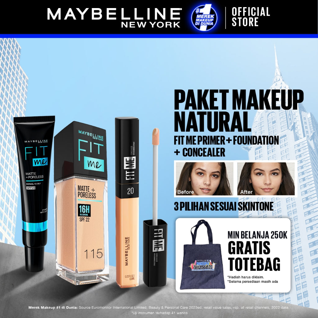 MAYBELLINE OFFICIAL Paket Hemat Face Makeup Fit Me Primer + Liquid Foundation + Concealer