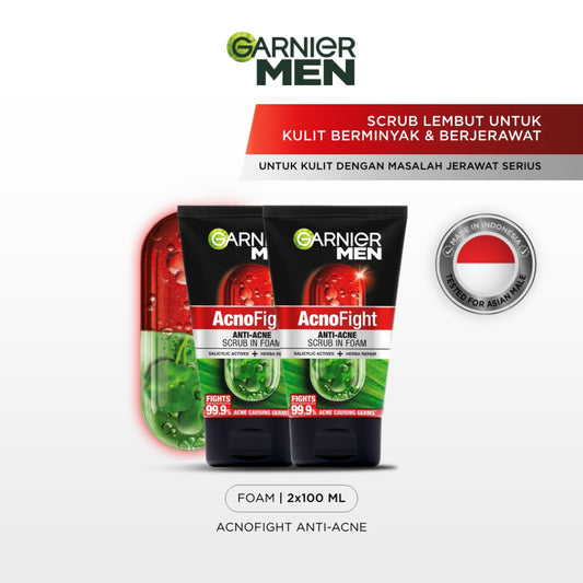 [PAKET HEMAT ISI 2] GARNIER Men Facial Wash Acno Fight Anti-Acne Scrub In Foam Skin Care 100ml Salicylic Actives + Herba Repair Skincare sabun cuci muka pria face wash pembersih wajah