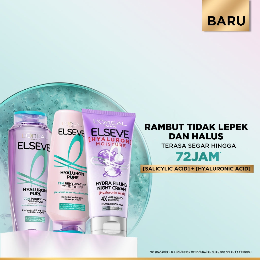 [PAKET HEMAT 2PCS] New L'Oreal Paris Hyaluron Pure 72H Purifying Shampoo Conditioner Night Cream - Perawatan Rambut Bebas Lepek dan Rambut Halus tahan hingga 72jam - Shampoo 280ml Conditioner 265ml Hyaluronic Acid Night Cream - Kulit Kepala Berminyak