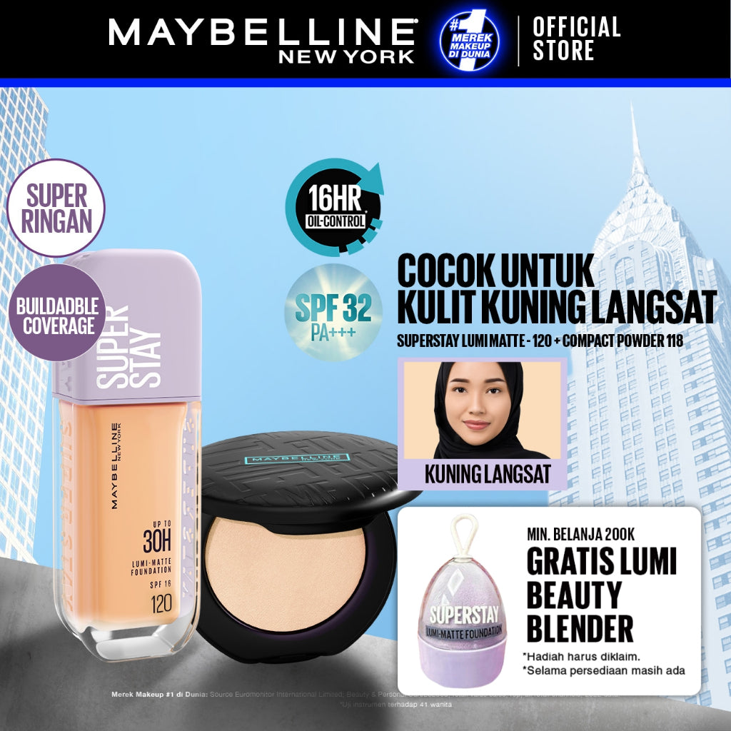 Maybelline Paket Makeup Face Kulit Kuning Langsat - Superstay Lumi Foundation 120 + Fit Me Compact Powder 118