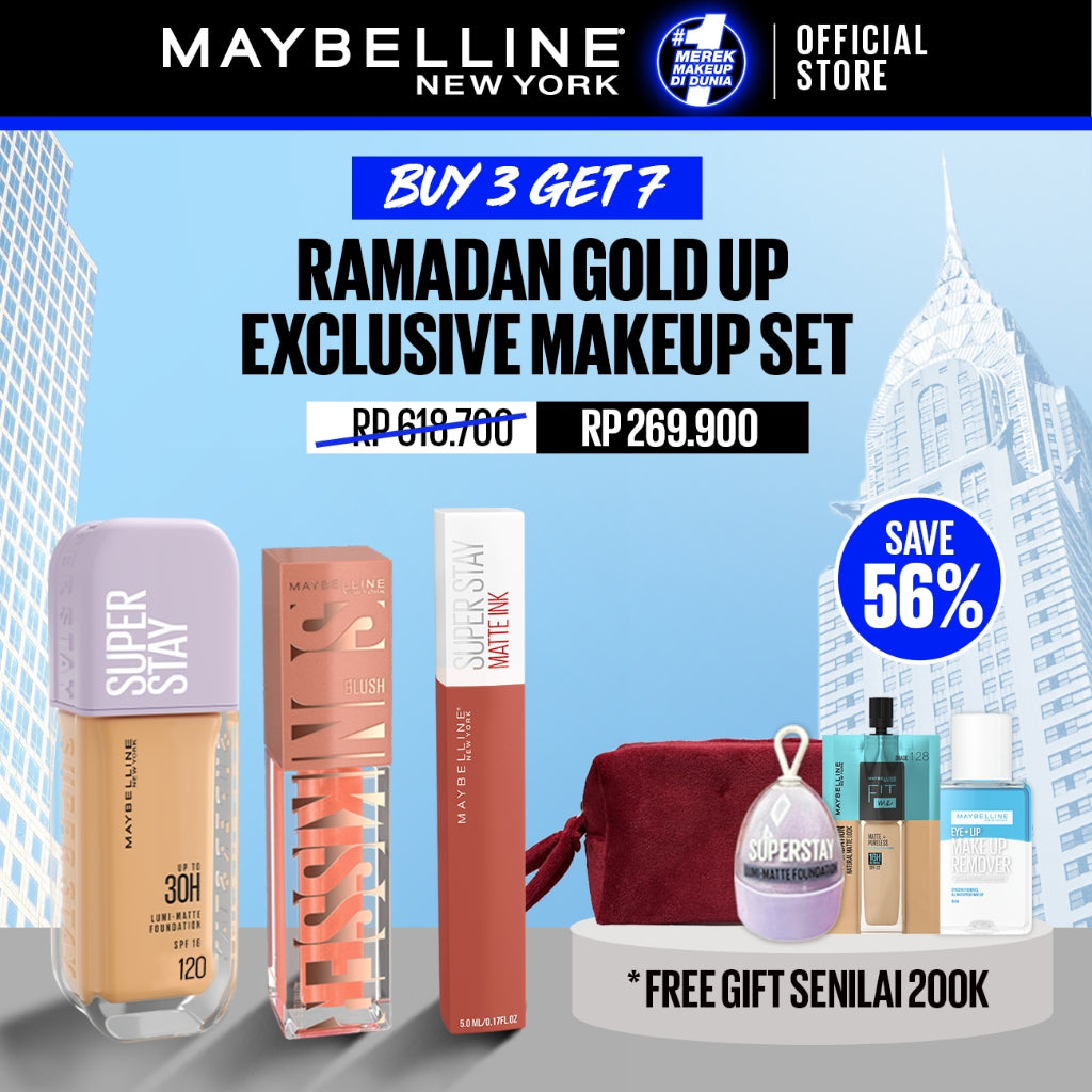 MAYBELLINE OFFICIAL Ramadan Gold Up Makeup Set : Superstay Lumi Matte FDT 120 + Sunkisser Liquid Blush Highlighter 11 + Superstay Matte Ink 245 SEEKER | Paket Makeup Full Coverage Ringan Foundation Cushion Powder Blush Liquid Blush Lipstick Matte