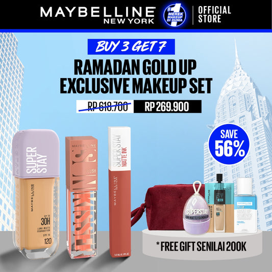MAYBELLINE OFFICIAL Ramadan Gold Up Makeup Set : Superstay Lumi Matte FDT 120 + Sunkisser Liquid Blush Highlighter 11 + Superstay Matte Ink 245 SEEKER | Paket Makeup Full Coverage Ringan Foundation Cushion Powder Blush Liquid Blush Lipstick Matte