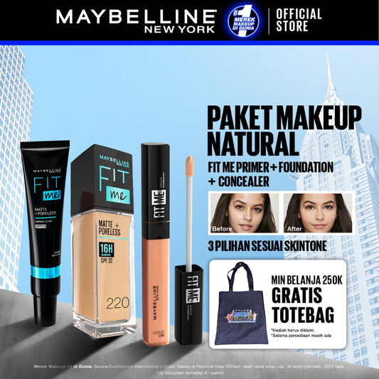 MAYBELLINE OFFICIAL Paket Hemat Face Makeup Fit Me Primer + Liquid Foundation 220 + Concealer 30 | Kulit Sawo Matang