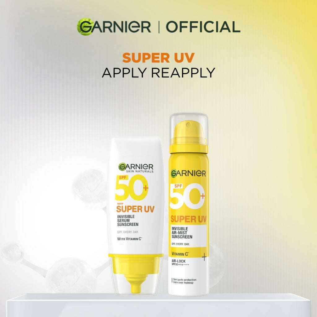 (PAKET HEMAT ISI 2) GARNIER Super UV Invisible Serum Sunscreen SPF 50+ PA++++ Vit C Sunscreen Spray Mist - 30ml + 75ml